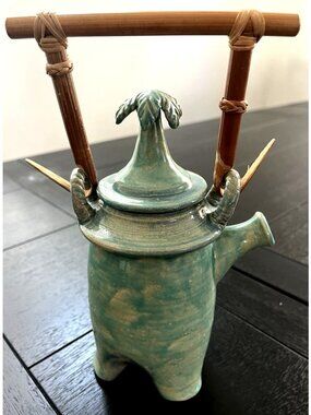 Artisan Studio Pottery Teapot Bamboo Handle Green Glaze Signed Valencia Ceramic